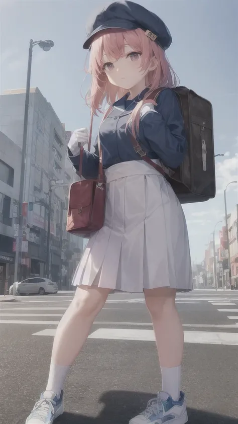 Japanese high school girl, standing on the sidewalk, posing with two fingers in both hands, distant view, pink hair, pink eyes, long hairstyle, wearing a white face mask, wearing a blue cap, wearing glasses with transparent lenses.  , blue rims, raw footag...