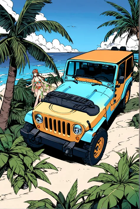 Above the upper half of the picture is a large expanse of blue sky, jeep, Palm tree,5 colors, Beach，Hawaiian style，Summer style，Bikini