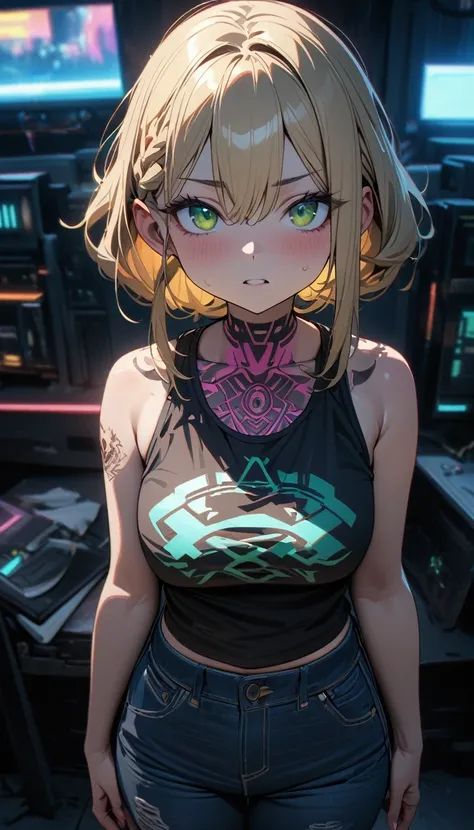 Adult woman, long blonde hair, braid, green eyes, cyberpunk tanktop, jeans, short stature, dwarf girl,  little fat, shaman tattoo, Masterpiece, best quality, Full HD, 8k, ultra details, great graphic