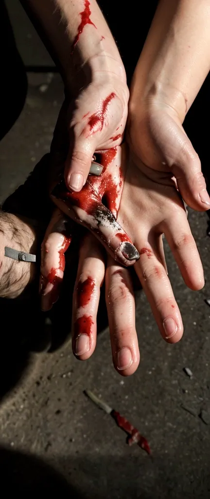 A close-up photograph of a hand with severe, ragged wounds, capturing the aftermath of a traumatic incident. The hand is covered in deep lacerations, blood seeping from the torn flesh. The lighting is harsh, casting dramatic shadows and highlighting the gr...