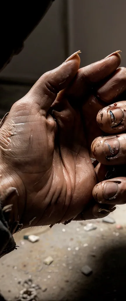 A close-up photograph of a hand with severe, ragged wounds, capturing the aftermath of a traumatic incident. The hand is covered in deep lacerations, blood seeping from the torn flesh. The lighting is harsh, casting dramatic shadows and highlighting the gr...