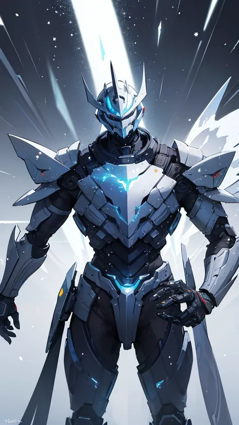 (((masterpiece))),16K,best quality,, 1 Boy, armor, bodysuit, clasped hands, full armor, luminescent, luminescent eyes, helmet, Male focus, , power armor, alone, Permanent,Snow falling all around，Doomsday，Gray mecha