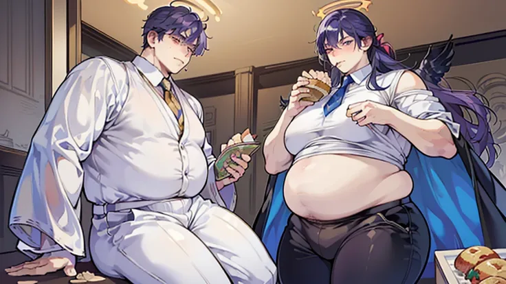 weight gain sequence, ((male focus)), ((solo male)), anime style, purple hair, ((shoulder-length hair)), ((medium length hair)), hair parted in the middle, young man, male, suit and tie, formal clothing, ((fancy white fantasy clothes reminiscent of a princ...