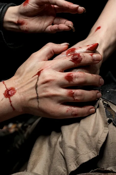 A close-up photograph of a hand with severe, ragged wounds, capturing the aftermath of a traumatic incident. The hand is covered in deep lacerations, blood seeping from the torn flesh. The lighting is harsh, casting dramatic shadows and highlighting the gr...