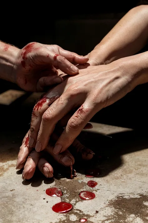 A close-up photograph of a hand with severe, ragged wounds, capturing the aftermath of a traumatic incident. The hand is covered in deep lacerations, blood seeping from the torn flesh. The lighting is harsh, casting dramatic shadows and highlighting the gr...