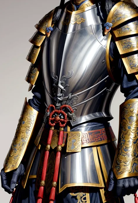 Close up of statue of man in armor, Chinese armor, full traditional Chinese armor, Chinese Warrior, highly detailed armor, decorative armor, detailed armor, elaborate bronze armor, Inspired by Emperor Xuande, ancient armor, Guan Yu, Intricate armor details...