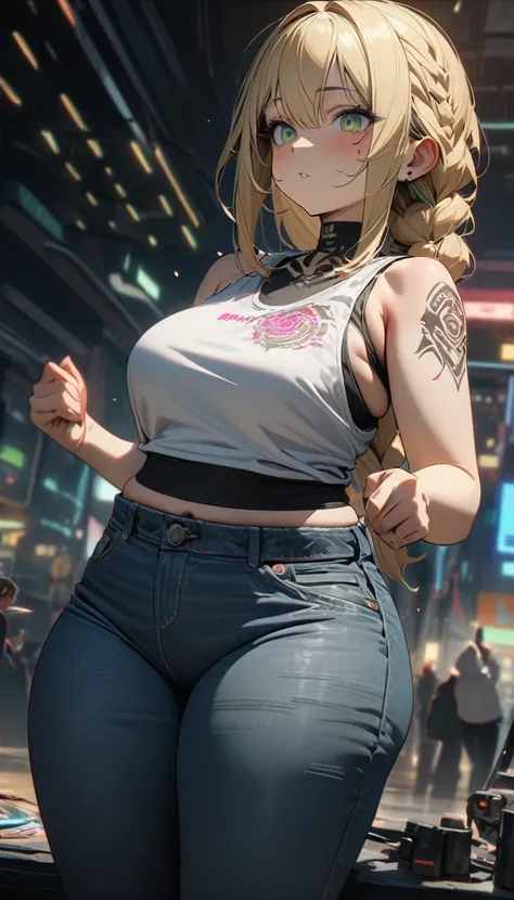 Adult woman, long blonde hair, braid, green eyes, cyberpunk tanktop, jeans, short stature, dwarf girl,  little fat, shaman tattoo, Masterpiece, best quality, Full HD, 8k, ultra details, great graphic