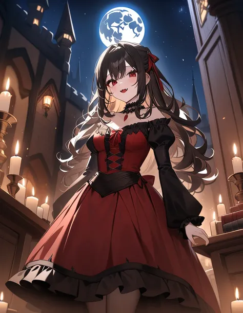 masterpiece, best quality, highly detailed, 1girl, cute vampire girl, pale skin, long wavy hair, red eyes, small fangs, elegant gothic lolita dress, frilly black and red dress, lace choker, moonlit castle background, medieval stone architecture, full moon,...