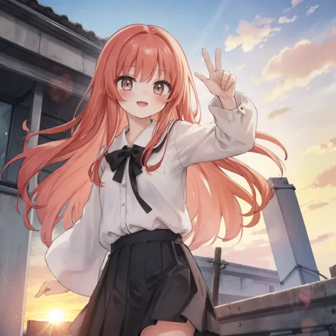 one girl,light red hair,white blouse,black long skirt,smiling face,V pose,school rooftop background,sunset time
