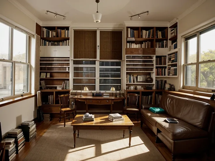 A room with a window on both sides of it is a library with books, and to the left of the picture is a lampshade. In the middle of the room is a table facing the camera. On the table are books and some old office supplies.