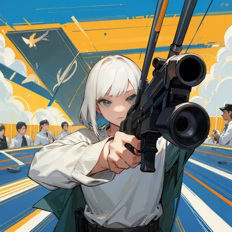 masterpiece, highest quality, audience alone,official_art,holding gun,handgun,hold a gun and take aim,aiming at viewer,gun,no hi...