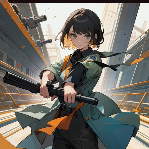 masterpiece, highest quality, audience alone,official_art,holding gun,handgun,hold a gun and take aim,aiming at viewer,gun,no hi...