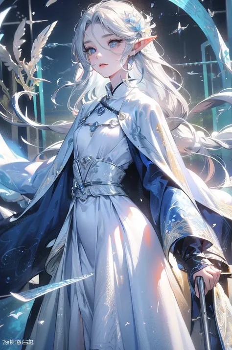 ((Highest quality)), ((masterpiece)), (detailed), One girl, The background is the sea、The weather was sunny.、Silver hair straight long hair、Parallel thin eyebrows、Double droopy eyes、Thin lips、Small nose、Blue Eyes、Long eyelashes、Delicate appearance、Illustra...