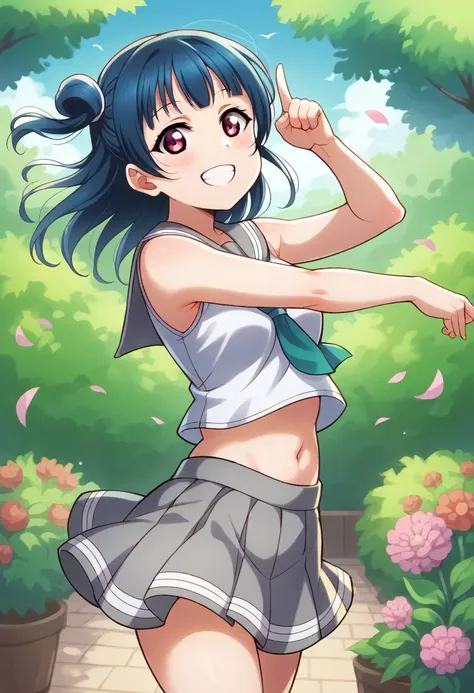 yoshiko tsushima love live,serafuku, gray mini skirt, slightly from side, armpits,wind  ,navel, breasts, smile , standing, sleev...