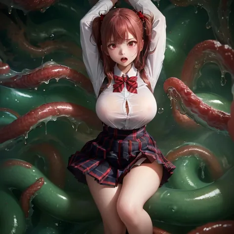 a busty school girl has been caught by slimy alien tentacle beasts, they restrain her arms and legs while rippling off her unifo...