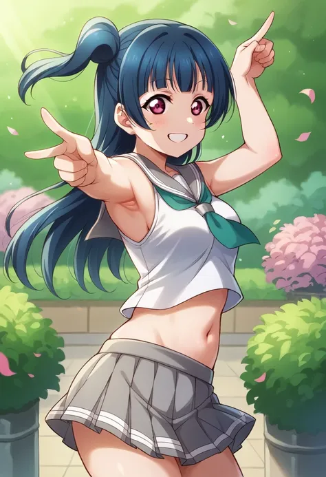 yoshiko tsushima love live,serafuku, gray mini skirt, slightly from side, armpits,wind  ,navel, breasts, smile , standing, sleev...