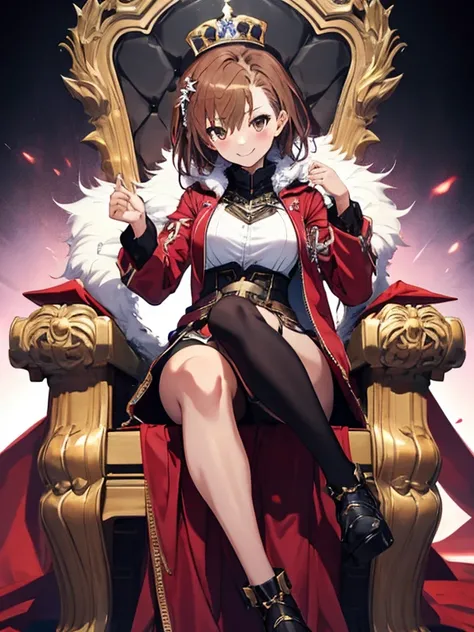 Throne of Power, Leg spread, (masterpiece), highest quality, Misaka Mikoto:1.5, Fearless smile, 1girl, uhd, retina, masterpiece, ccurate, anatomically correct, textured skin, super detail, high details, high quality, best quality, highres, 4K