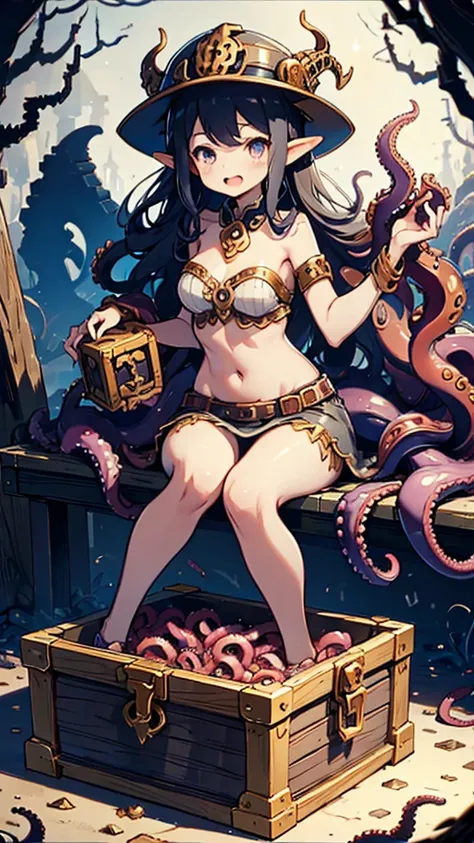 treasure box monster女孩，fantasy style background，dungeon background，girl with a box as the lower body，girl with lower body openin...