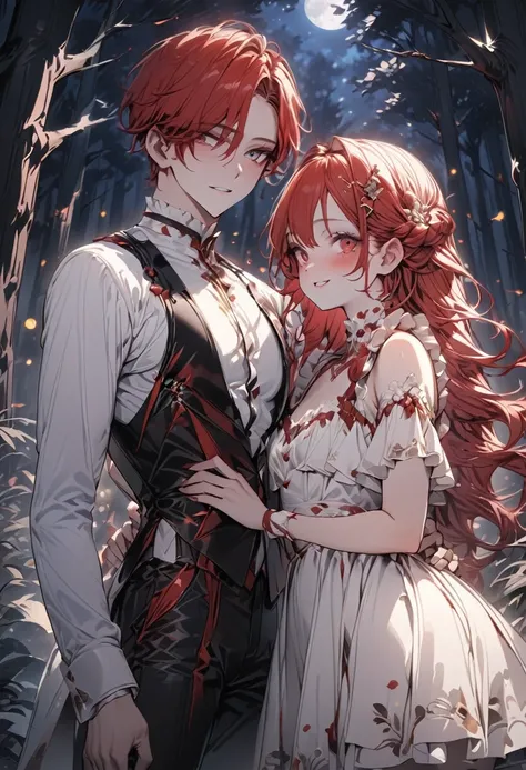 (award winning, 8k, super detailed, high resolution, best quality) , a male teenage with red hair, a werewolf with red velvet fur standing side by side, set in forest at night.