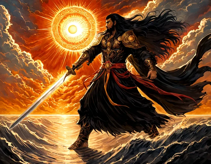 the god of the sun and darkness (posing holding a sword covered in an aura of darkness and the sun with long hair tough man