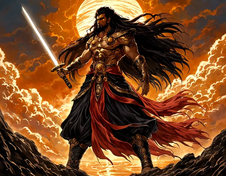 the god of the sun and darkness (posing holding a sword covered in an aura of darkness and the sun with long hair tough man