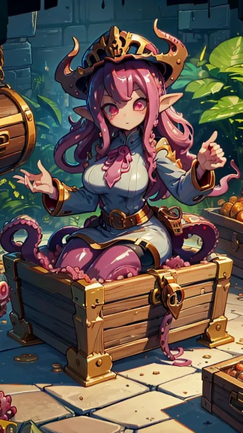 treasure box monster女孩，fantasy style background，dungeon background，the lower body is a box的女孩，close-up above the waist，upper bod...