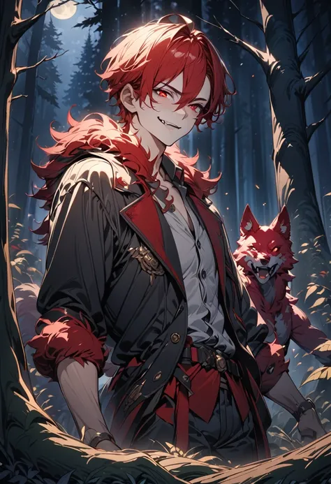 (award winning, 8k, super detailed, high resolution, best quality), (a young man with red hair and black jacket, smirk face and shadow of a werewolf with red velvet fur, detailed red eyes, extremely detailed face and features, detailed fangs, in a dark mys...