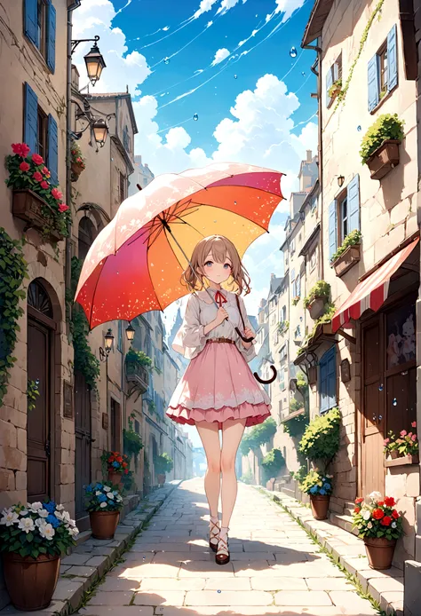 cuteイラスト: landscape,street corner on a rainy day,絵本に出てくるようなlandscape,emotional,girl is walking,break,(girl with an umbrella),umb...