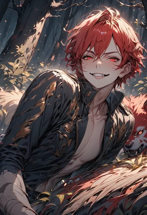 (award winning, 8k, super detailed, high resolution, best quality), (a young man with red hair and black jacket, smirk face and shadow of a werewolf with red velvet fur behind him), detailed red eyes, extremely detailed face and features, detailed fangs, i...