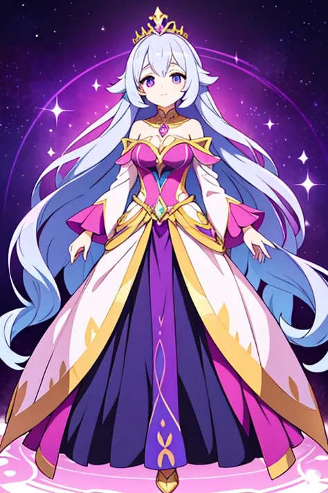 Regalith is a Pokémon of regal stature and elegance, embodying the grace and poise of a princess. It has a humanoid form with flowing robes that shimmer with opalescent hues of pink, purple, and gold, adorned with intricate patterns and jewels that sparkle...