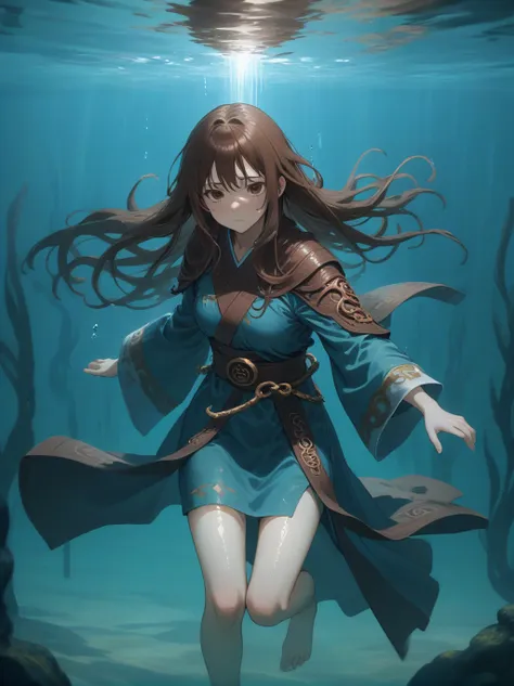 Partially underwater,最high quality,high quality, , Long Hair, Brown Hair, Wet Hair, Flat Chest,Dark underground labyrinth,No light,Cloth armor,Equipped with a dagger and a shield,Face above water,Body in water, Underwater Photography,The robe rolls up due ...