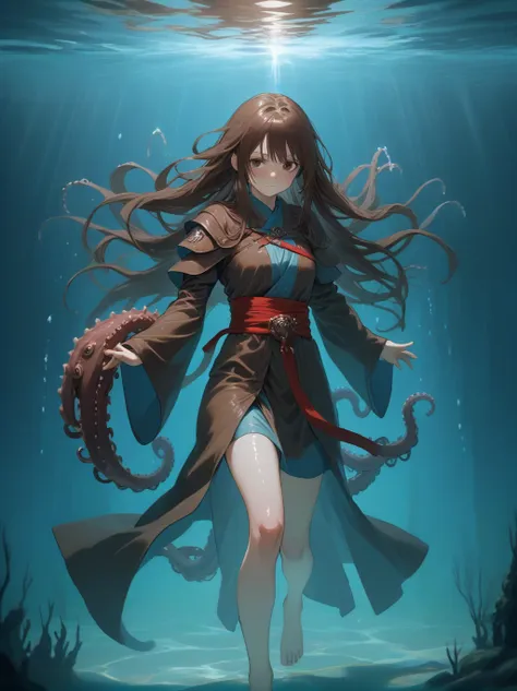 Partially underwater,最high quality,high quality, , Long Hair, Brown Hair, Wet Hair, Flat Chest,Dark underground labyrinth,No light,Cloth armor,Equipped with a dagger and a shield,Face above water,Body in water, Underwater Photography,The robe rolls up due ...