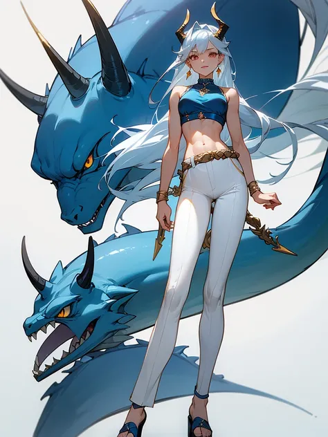 (masterpiece, best quality:1.2), 1girl, solo,standing confidently, cocky smile,

long silver hair tied back, sharp golden eyes, pale skin, C-cup breasts, tall, muscular hourglass figure, beautiful six-pack, two beautiful simple dragon horns resemble light ...