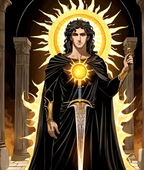 timothy chalemet as greek god  of the sun and darkness (posing holding a sword covered in an aura of darkness and the sun