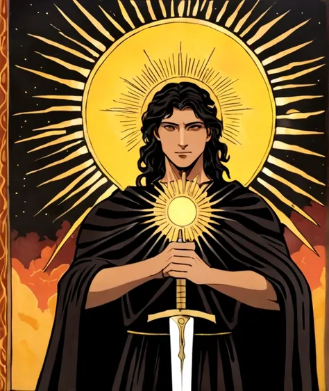 timothy chalemet as greek god  of the sun and darkness (posing holding a sword covered in an aura of darkness and the sun