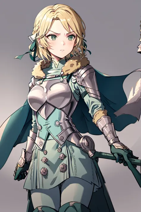 masterpiece, best quality,  waringrid, short hair, hair ribbons, shoulder armor, armor, breastplate, underbust, green coat, fur ...