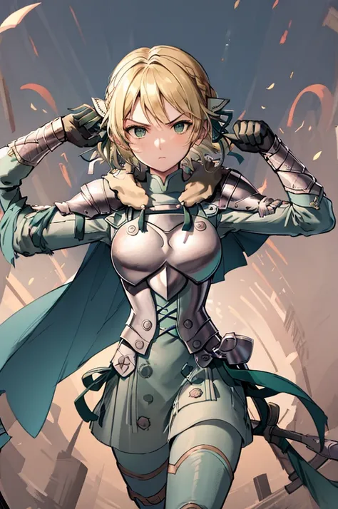 masterpiece, best quality,  waringrid, short hair, hair ribbons, shoulder armor, armor, breastplate, underbust, green coat, fur ...