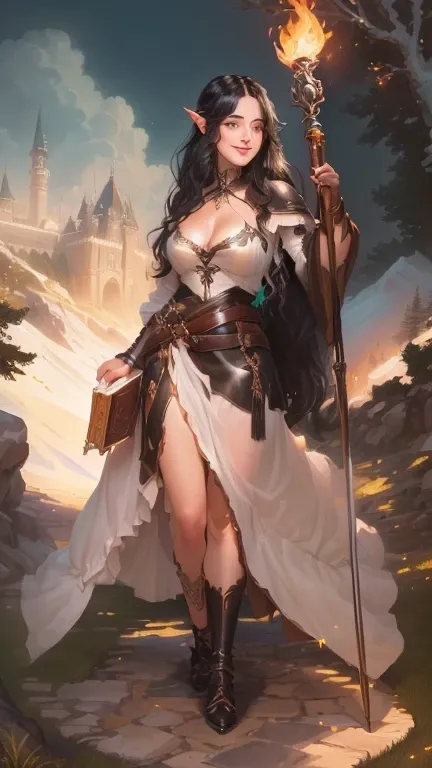 30-year-old , lotr, halfelf, beautifull female with small pointy ears, full body . she has large breasts. She has a very detailed beautifull face. she has (long black hair, pony tail). she is smilng shy. she wears (leather shoes). there are potions on her ...