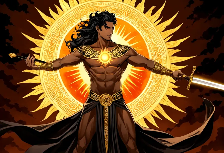 timothy chalemet as greek god  of the sun and darkness (posing holding a sword covered in an aura of darkness and the sun with l...