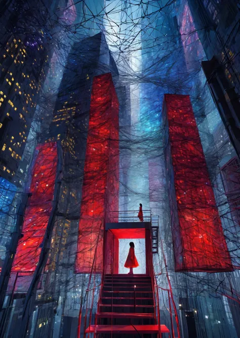 flat color , depth of field 
(Chiharu Shiota) colorful, dream-like, female-figures, immersive, installation, playful, Swiss, vibrant, video-art 
1girl As the protagonist stands atop the towering skyscraper, a colossal hologram of a girl fills the night sky...