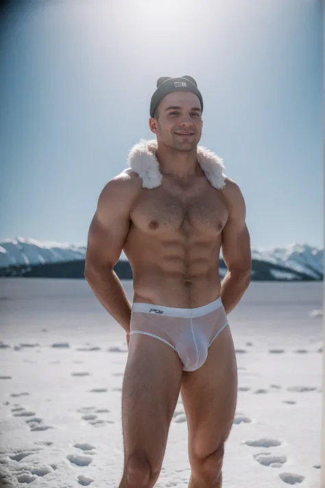 1 stocky shirtless Russian gay is standing with his legs and thighs opened and spread in the snow with wide landscape of snowfield , 1 man only, no other people, iceblocks and icelake and snow scene, he is wearing white fur gloves, fur woolen hat to cover ...