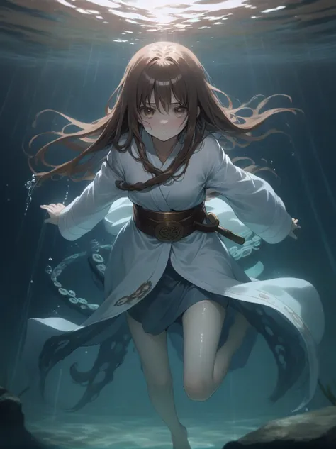 ８age、girl、partially underwater,最high quality,high quality, 幼いgirl, long hair, brown hair, wet hair, flat chest,dark underground ...