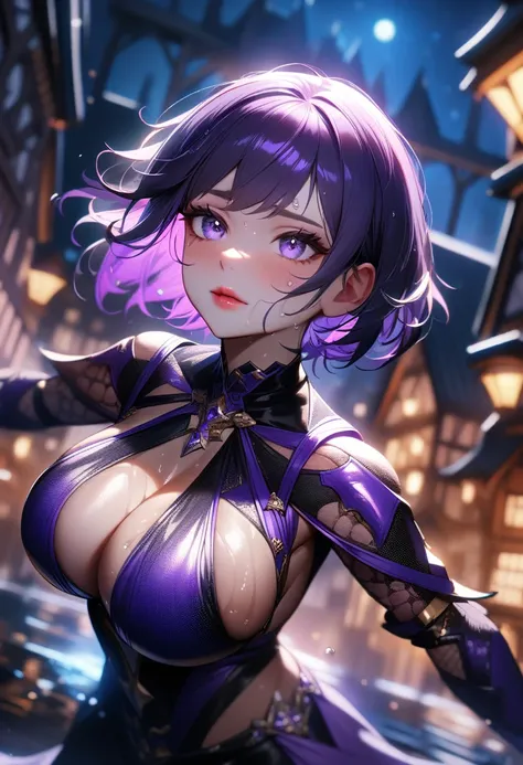 1girl,solo,super detailed skin,shiny skin,wet oily skin, natural face,eyelashes,lips gloss,purple hair,short hair,large breasts,unique and complex clothes ,dynamic angle,DonMM4g1cXL,night fantasy town,masterpiece,best quality,ultra detailed,high resolution...