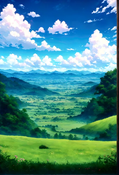 japanese anime beautiful day grass sky with towering mountains in the distance,lush forests, an expansive open field below under...