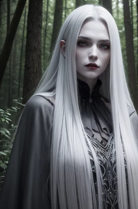 Create a gray skin color vampire, long white hair in a forest near a castle full of vampires, gargulas, and werewolves. Gothic theme