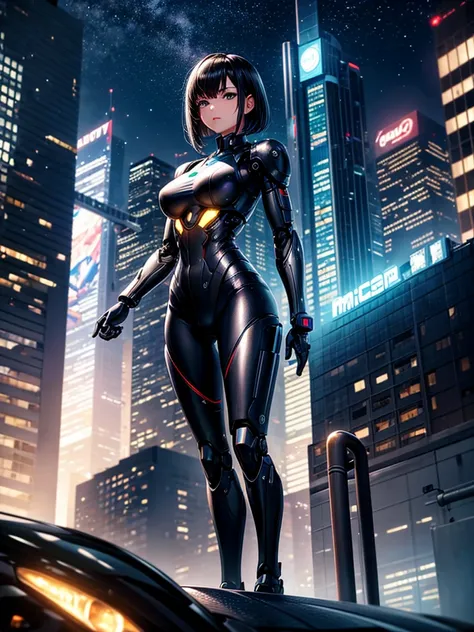 Highest quality,Highest Resolution,beautiful girl,Android,metallic,Mechanic,cyborg,Future city at night,Short black hair,whole body,Ride on a futuristic machine and drive,Move,