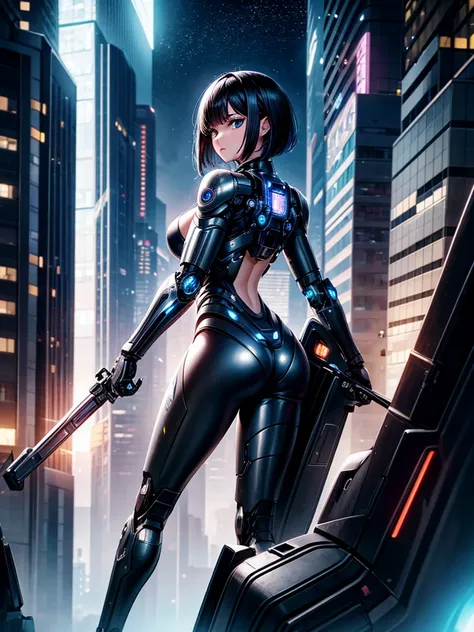 Highest quality,Highest Resolution,beautiful girl,Android,metallic,Mechanic,cyborg,Future city at night,Short black hair,whole body,Ride on a futuristic machine and drive,Move,