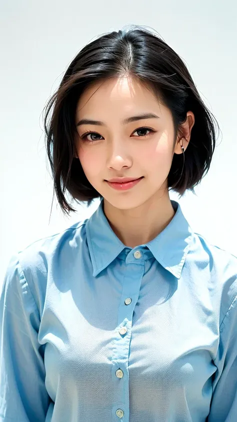 (1 woman:1.99)、(Wide forehead、Very short hair、Very small amount of hair、Forehead、Fuji frame:1.1)、Sunburn、17 years old、Naughty、Happy expression、満面のsmile、Weakness、I feel very comfortable alone、(Light blue shirt),((Very sleepy、Improves skin texture,smile、Narr...