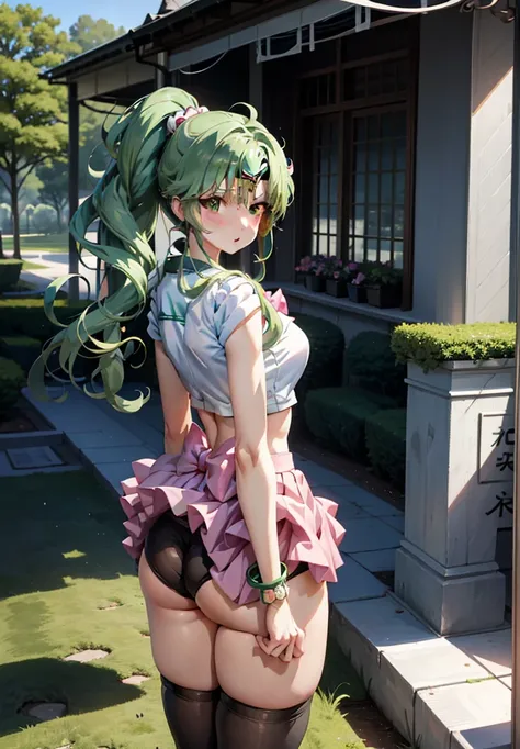 Anime Girlsセーラー戦士。White panties、Beautiful Faces、Beautiful thighs、 with green hair and green stockings posing on a bed, seductive Anime Girls, beautiful Anime Girls squatting, the Anime Girls is crouching, I also make fan art, Beautiful and attractive anime...