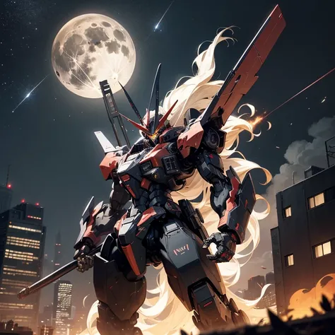 Masterpiece, best quality, high quality, Black Mecha, Black bow on his hand, red arrow on the bow, Background is City on fire, Night, stars on the sky, Full Moon